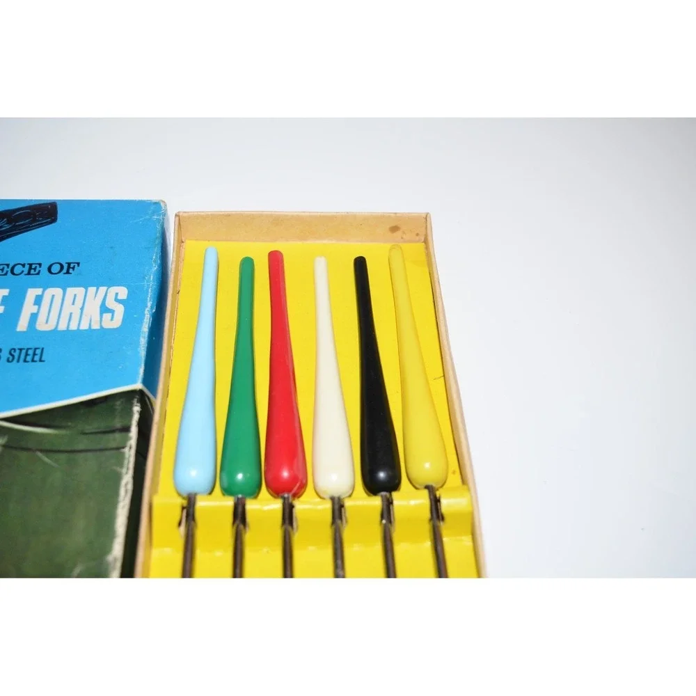 Vtg Set 6 Fondue Forks Stainless Steel‎ Colored Plastic Handles Japan MCM retro
